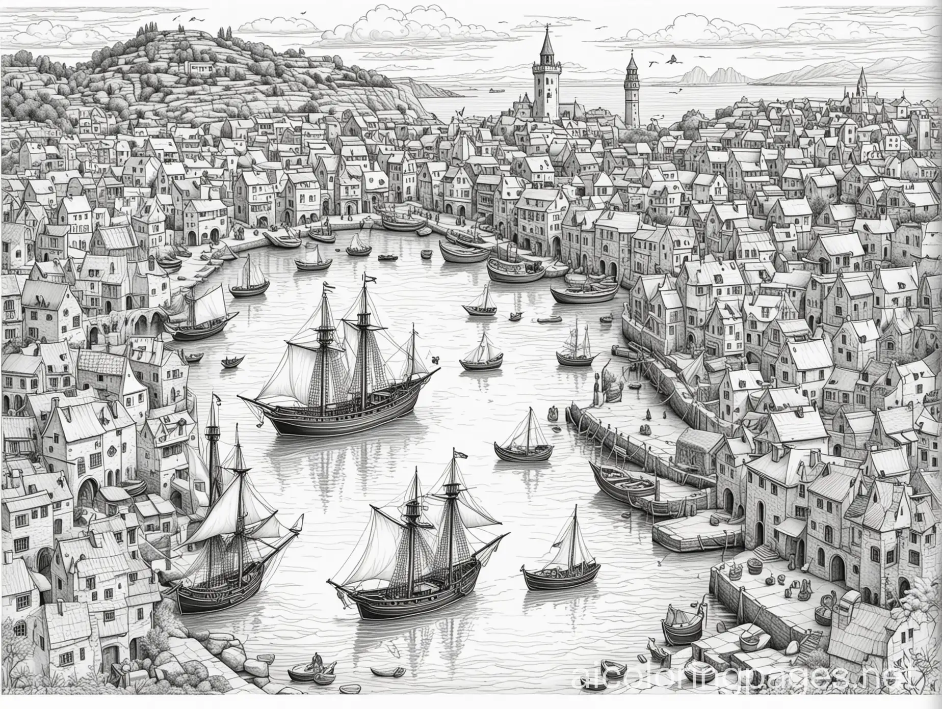 Medieval-Harbor-Coloring-Page-with-Ships