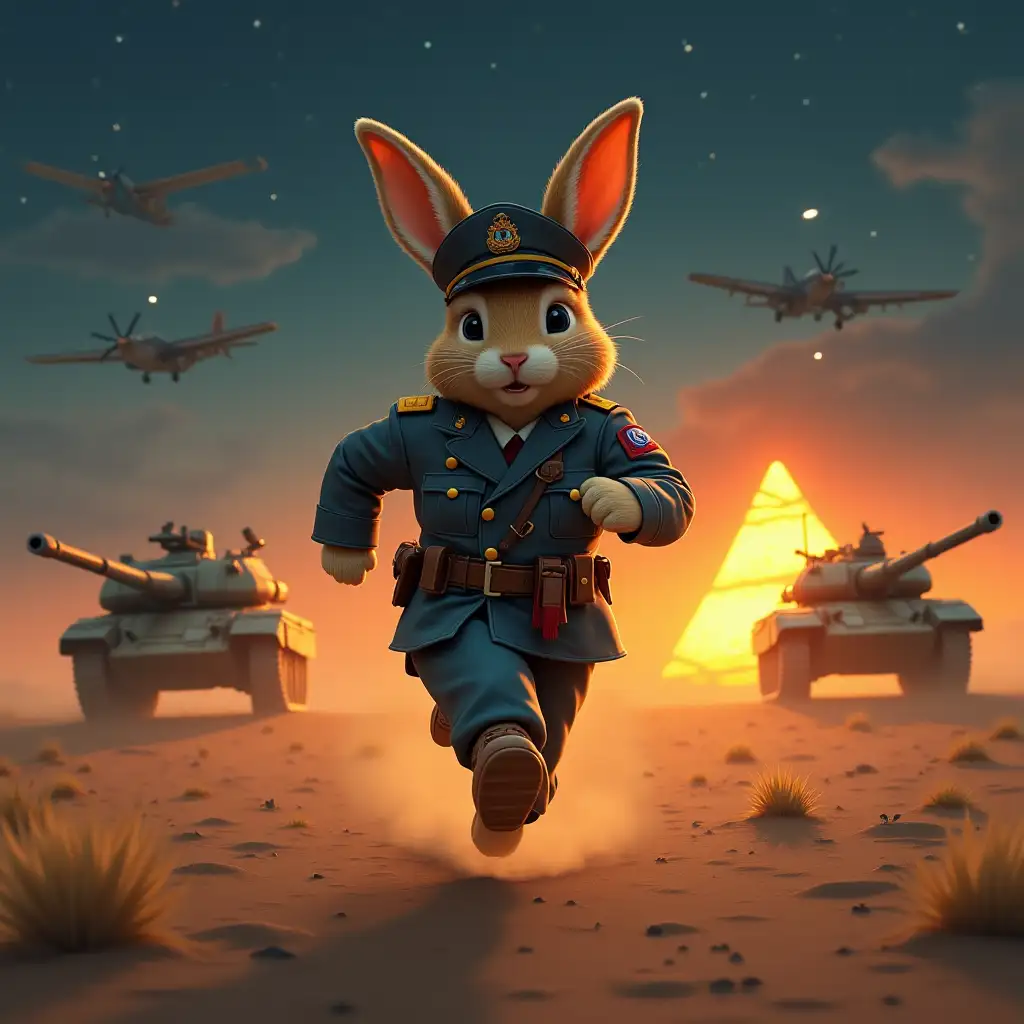 Paint a movie-style rabbit, wearing a military uniform, running at night in the desert with airplanes, tanks, pyramid of fire flames