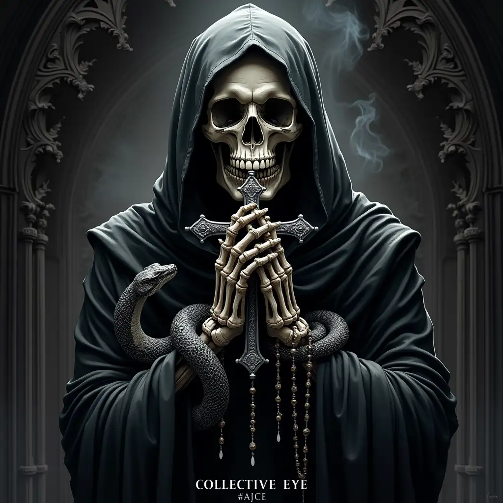 Create an image that depicts a dark and gothic-themed illustration of a skeletal figure, with a melting face, cloaked in a tattered, black hooded robe. The skeletal face, which is detailed with sharp features and hollow eye sockets, is centered in the frame. The hands of the figure are clasped in a prayer-like gesture, with intricate rosary beads draped around them. At the center of the clasped hands is an ornate silver cross with elaborate designs. The background is shadowy and ornate, featuring subtle carvings or gothic architectural elements, adding depth and mystery to the composition. The overall lighting emphasizes high contrast, with bright highlights on the bone structure and the cross, against the dark shadows of the robe and background, creating a dramatic and ominous atmosphere. Wrapped around the skeletal figure is a large, detailed snake, coiled tightly and winding around its contours. The snake has a scaly, textured body, and its head is positioned to the side, staring outward with an intense gaze. The intertwining of the snake and skull symbolizes themes like death, wisdom, or mysticism. Around the central imagery, there are wisps of smoke, adding a sense of movement and mystery. The imagery has a written caption of “COLLECTIVE EYE” near the bottom of the image, written in a bold, clean font. Below that, there is a hashtag “#A1CE,” suggesting a possible brand or design label.