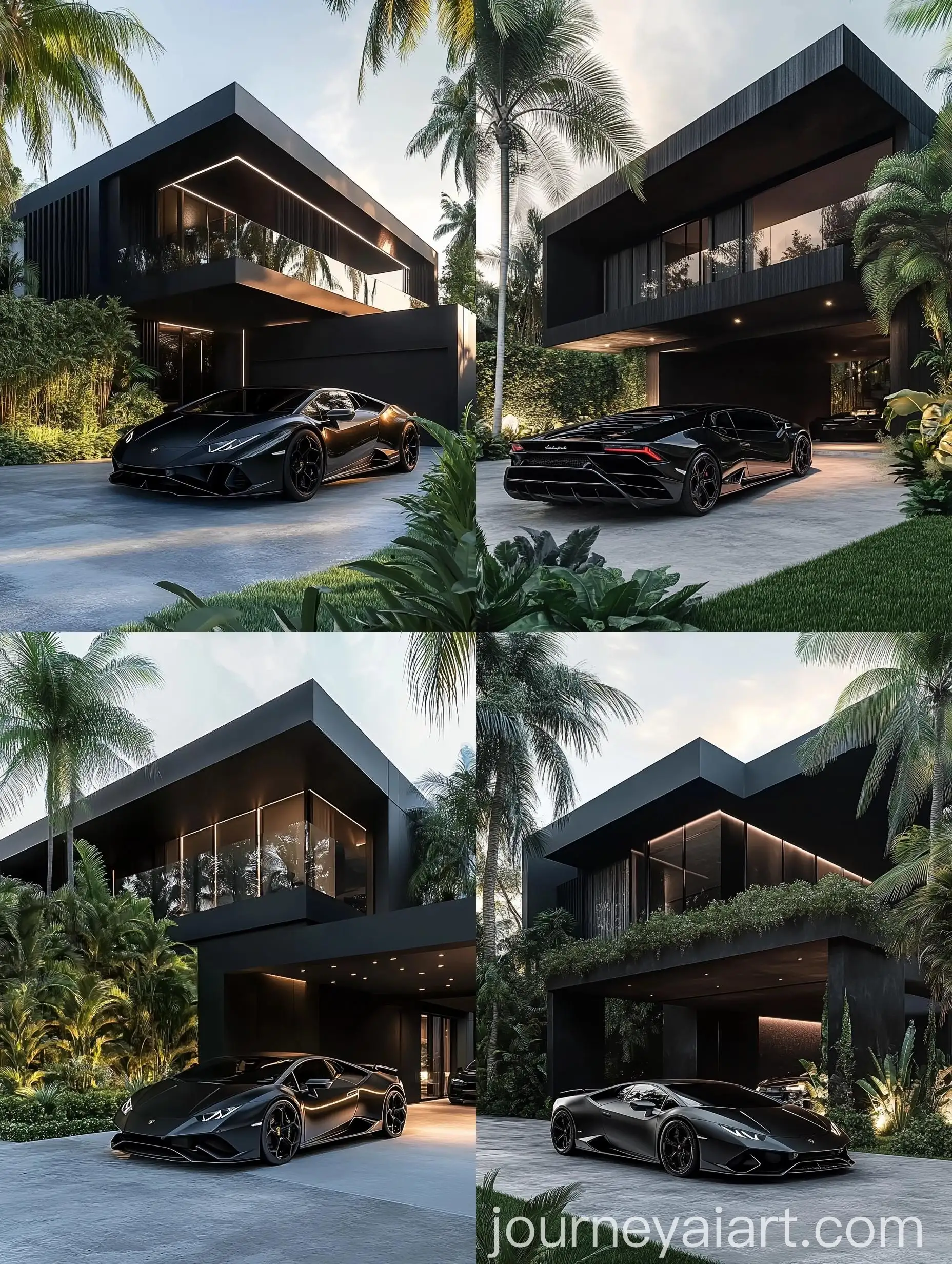 Luxurious-UltraModern-Mansion-Exterior-in-Miami-with-Black-Lamborghini