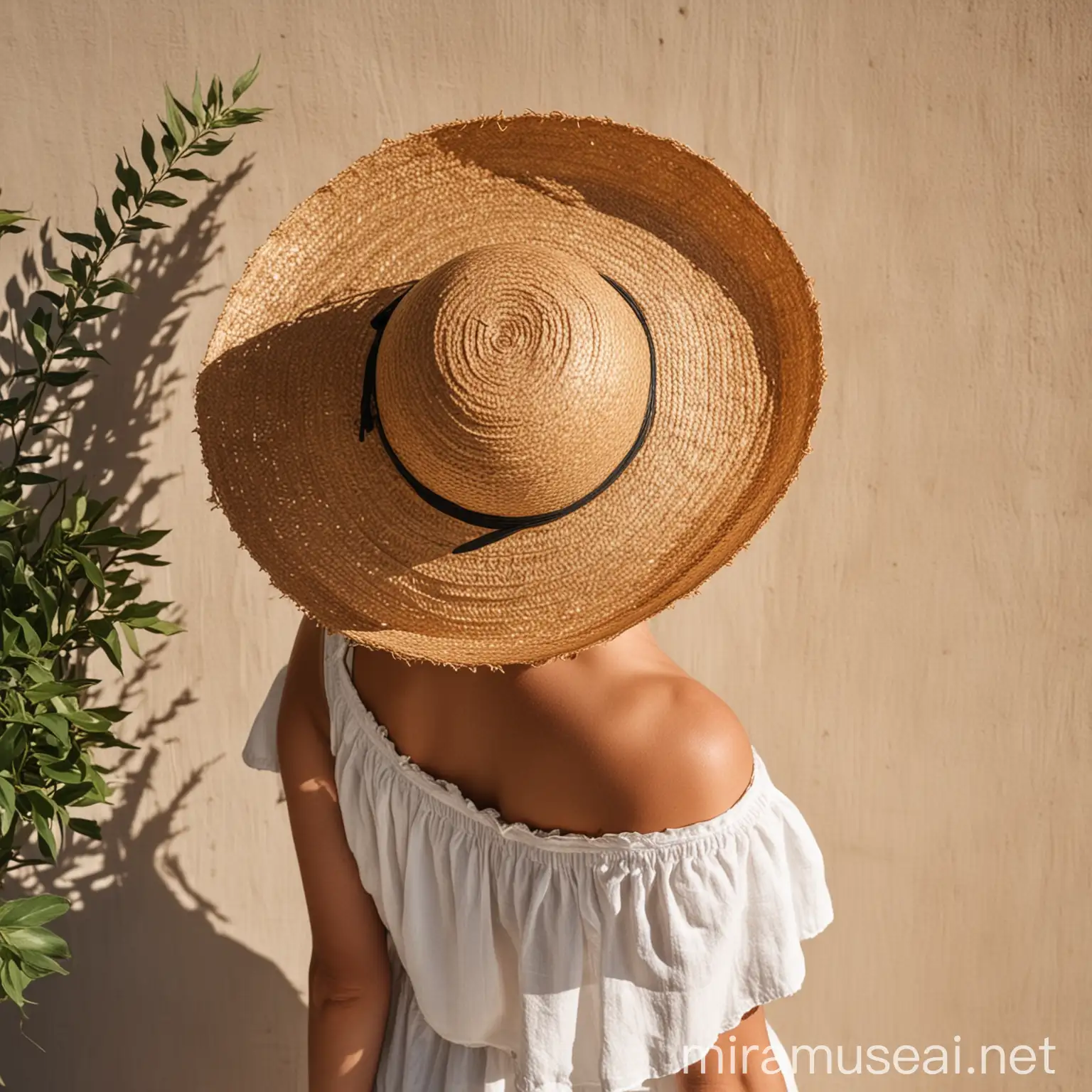 Model in Straw Hat Standing Outdoors with Flower Shadow