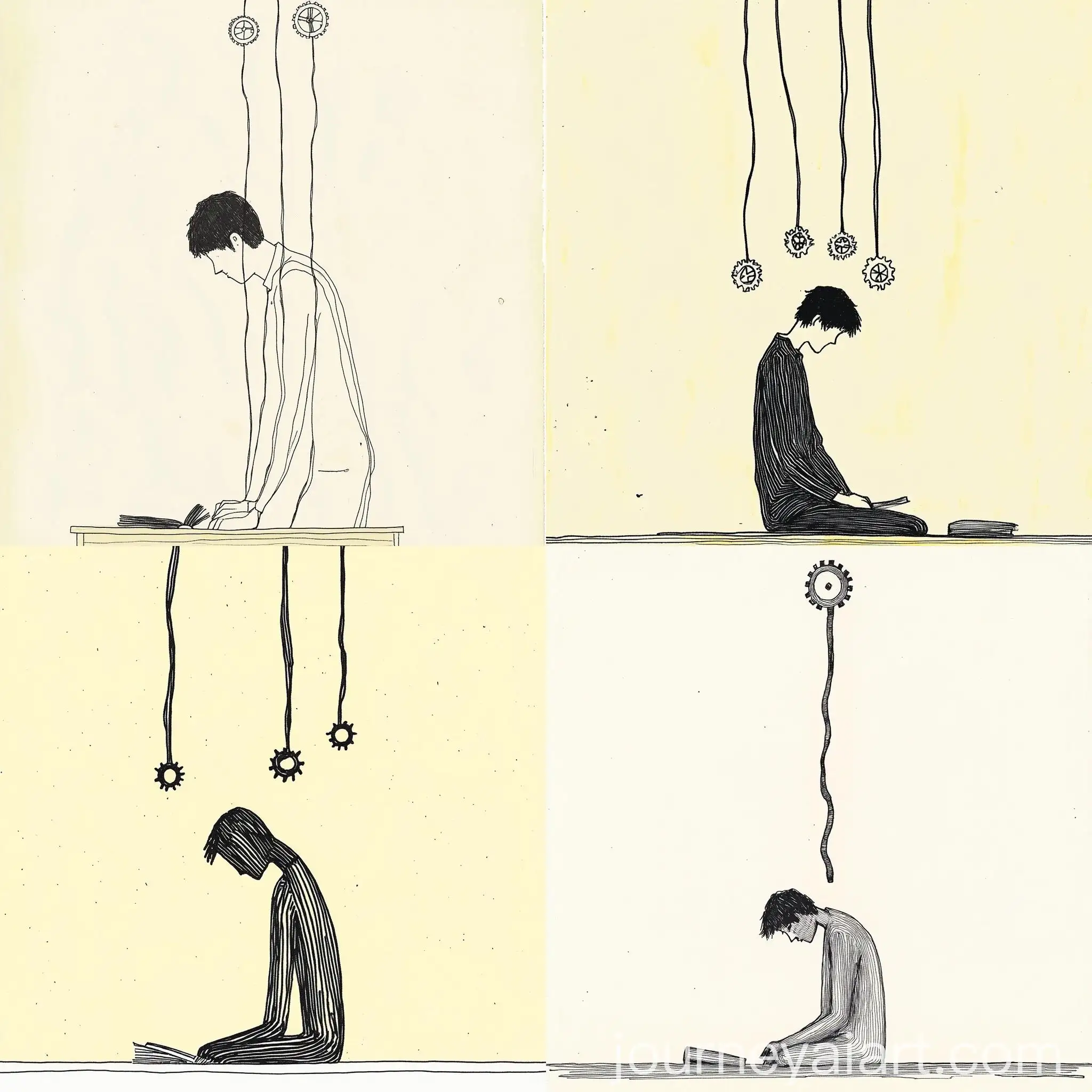 Lonely-Korean-Artist-Sketching-with-Minimalist-Style-and-Gear-Symbols