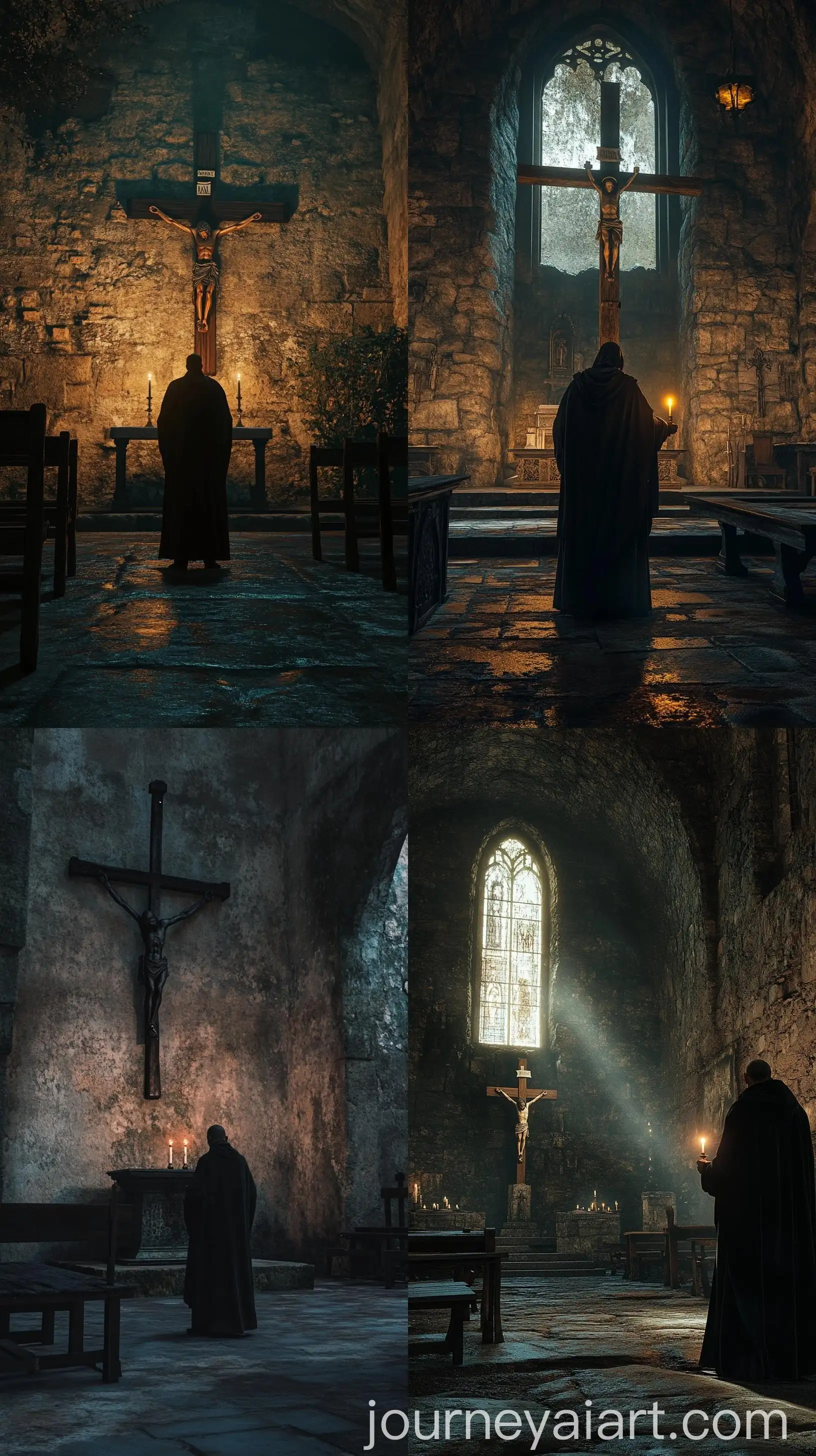 Medieval-Monk-Holding-Lit-Candle-in-Chapel-with-Crucifix