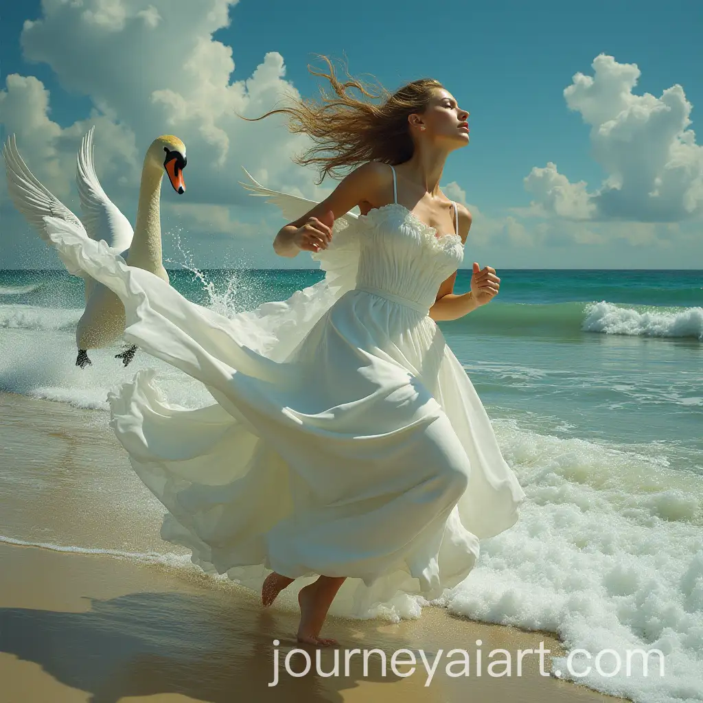 Graceful-Woman-Running-in-a-White-Dress-with-Swan-and-Raging-Sea