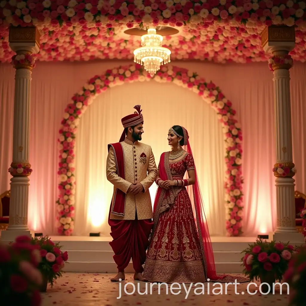 Indian-Wedding-Celebration-Stage-Decor-with-Bride-and-Groom-in-Traditional-Attire