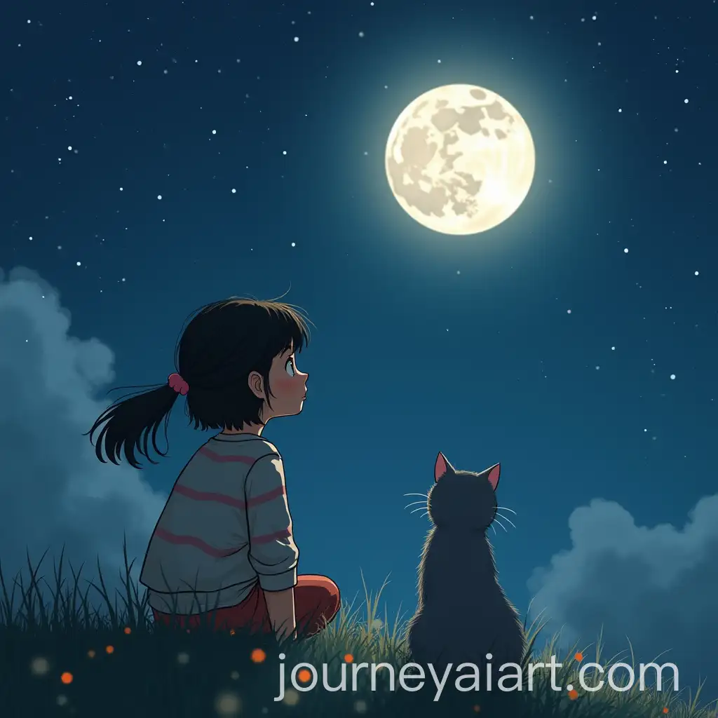 Girl-and-Gray-Cat-Gazing-at-the-Moon-on-a-Tranquil-Night