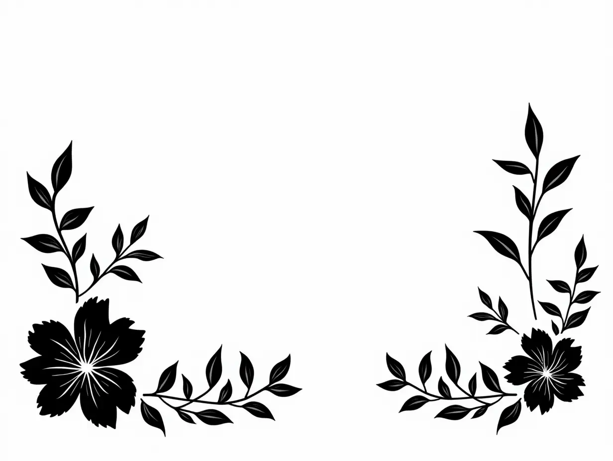 Silhouettes of Hibiscus Flowers and Tropical Leaves on White Background