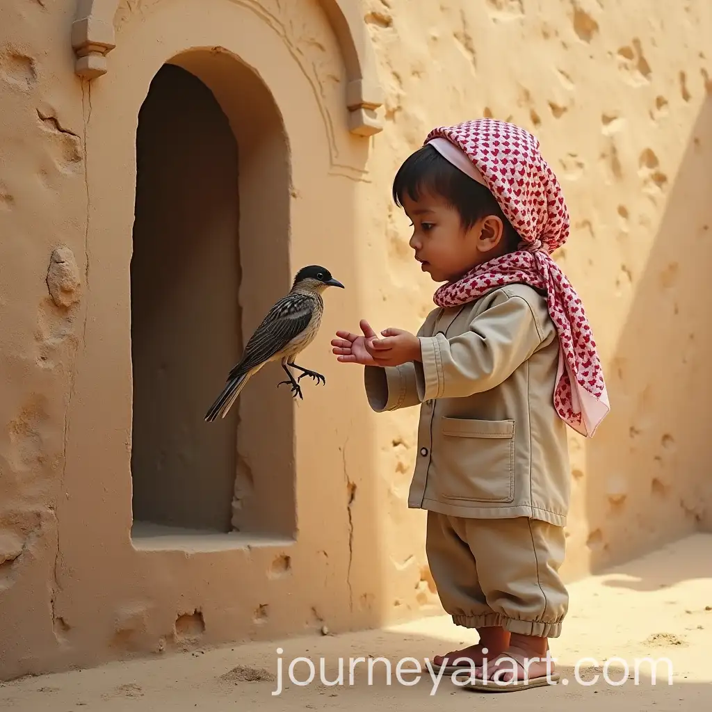 Child-Holding-Omani-Sparrow-in-Front-of-a-Wall