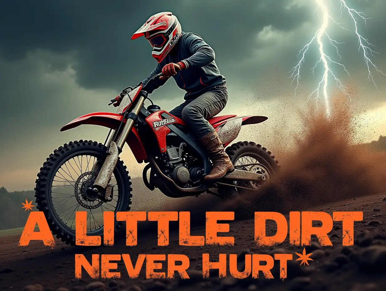 Create an image of a motocross rider performing a dramatic turn on a dirt track. The rider should be depicted with intense detail, wearing a helmet and gear, and the bike should be kicking up a significant amount of mud and dirt. The background should feature a stormy sky with dark clouds and a striking lightning bolt. The scene should convey a sense of action and excitement, with the text 'A LITTLE DIRT NEVER HURT' prominently displayed at the bottom in bold, muddy letters.