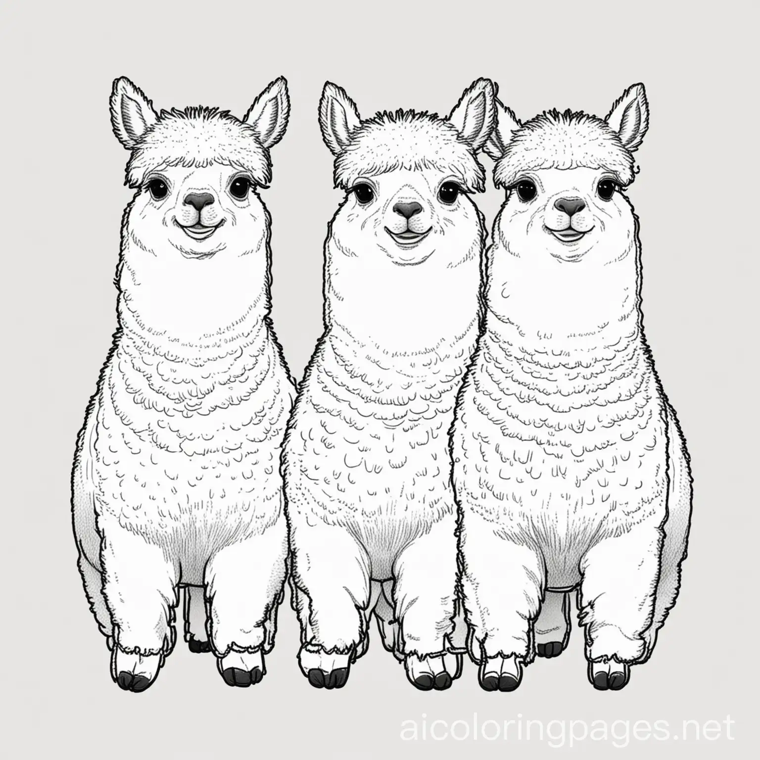 Happy alpacas, Coloring Page, black and white, line art, white background, Simplicity, Ample White Space. The background of the coloring page is plain white to make it easy for young children to color within the lines. The outlines of all the subjects are easy to distinguish, making it simple for kids to color without too much difficulty