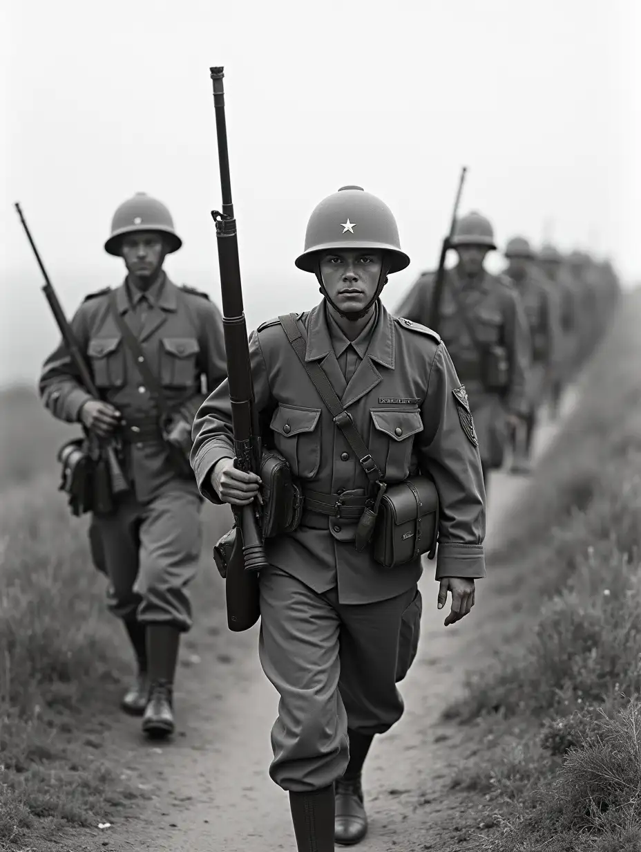 Infantry squad armed with rifles, uniforms and equipment from the 1920s marching up a hill