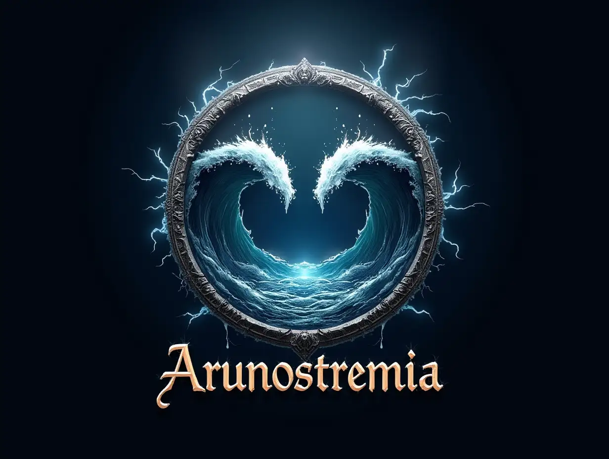 A mystical and dramatic logo designed within a circular frame. Inside the circle, a stylized ocean wave splits symmetrically, forming the shape of an ancient, regal crown, with droplets of water resembling tears cascading from its peaks. Subtle lightning strikes add depth and a sense of mystery. The design uses a deep blue, silver, and stormy gray color palette to evoke a powerful, otherworldly atmosphere. Outside the circle, positioned below, the word 'Arunostremia' is written in elegant, serif typography resembling ancient, magical inscriptions, harmonizing with the logo's majestic and enigmatic theme