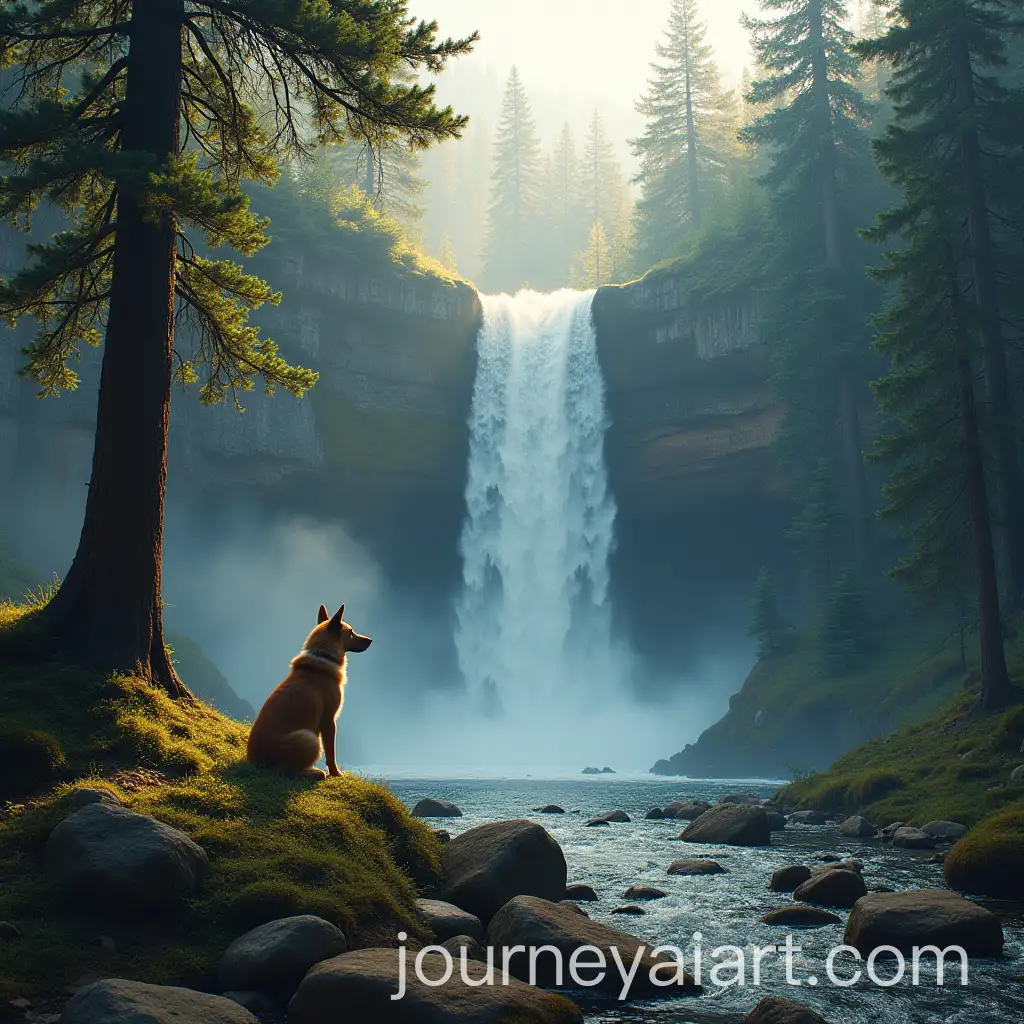 Scenic-Pine-Tree-with-Dog-by-Waterfall