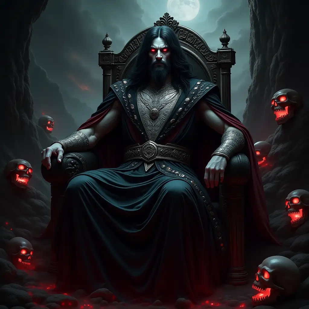 A dark and imposing depiction of Hades, the Greek god of the underworld, seated on his obsidian throne in the depths of the underworld. His piercing, glowing red eyes contrast with his pale, chiseled face, framed by flowing black hair. He wears a dark, regal robe with silver and deep crimson accents, adorned with skull motifs and ancient Greek engravings. In one hand, he grips the bident, radiating a ghostly aura, while his other hand rests near the three-headed Cerberus, whose glowing eyes and snarling mouths exude menace. The background is filled with swirling lost souls, jagged black cliffs, and the eerie glow of the River Styx, casting an ominous yet majestic aura around him. Shadows seem to move at his command, emphasizing his power over death and the afterlife.