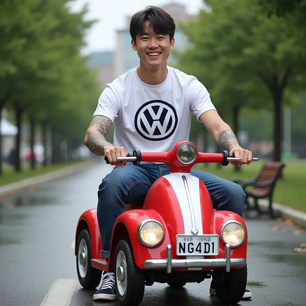 Korean-Man-with-Tattoos-Riding-a-Red-and-White-VW-Beetle-Mobility-Scooter-in-a-Park