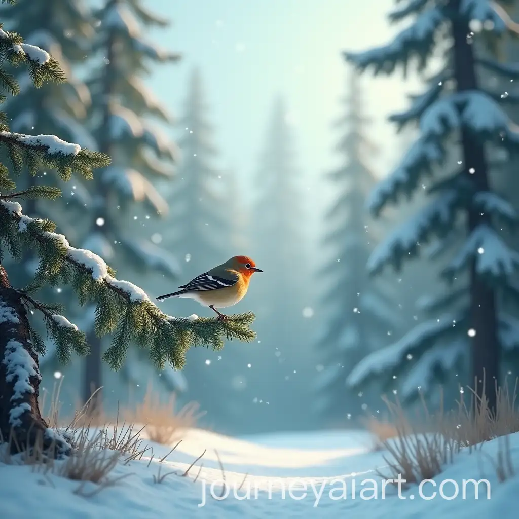 Bird-Perched-on-Branch-in-Winter-Pine-Forest-with-Windy-Atmosphere