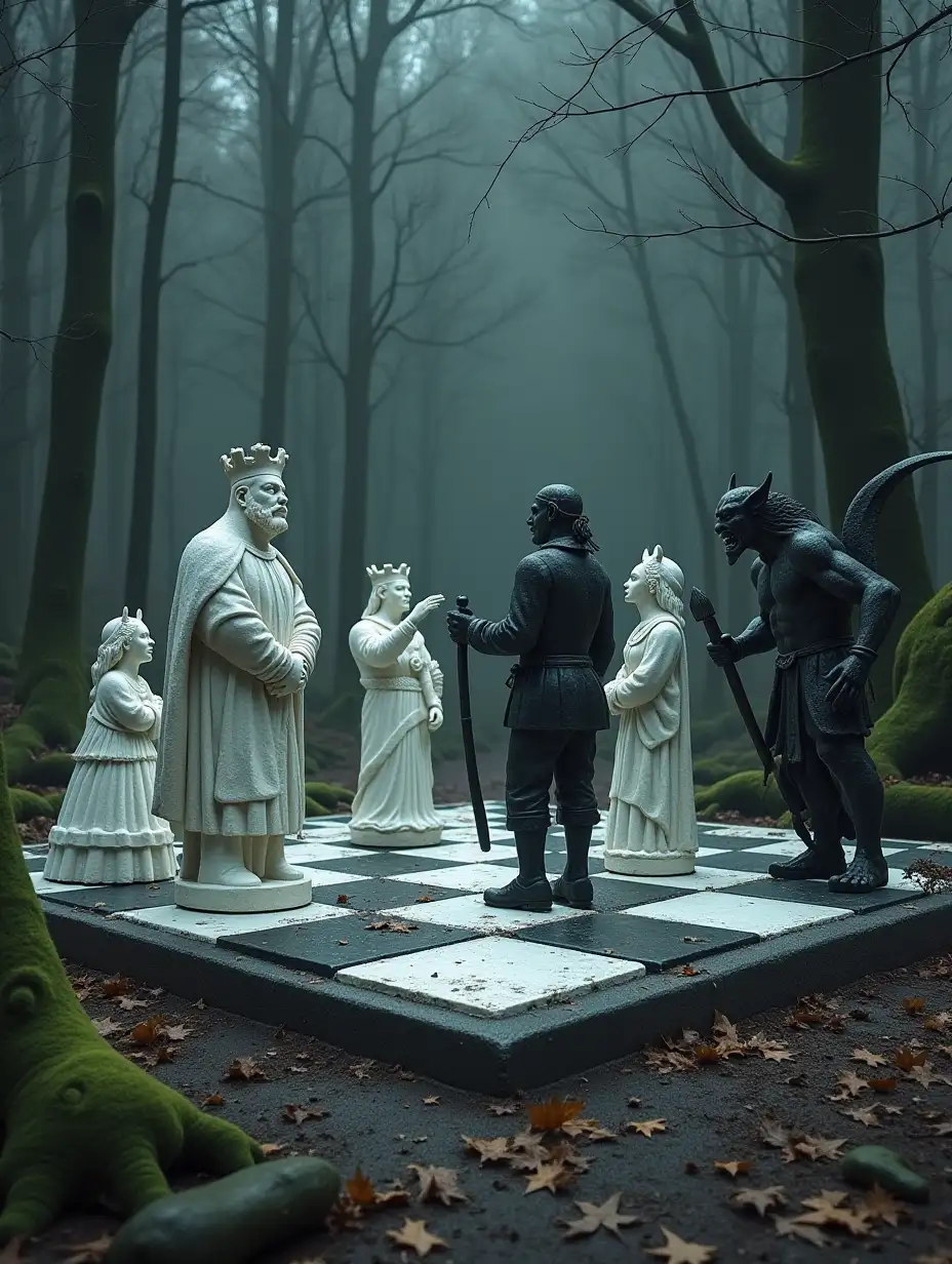 a giant chess board lies on the ground, where white figures are carved in the form of live figures: a handsome youth-king, queen, war officer with a sword in his hands, and black figures are carved in the form of various frightening evil: devil with a stick, Leshy with a net, Harpy showing sharp teeth and death with a scythe. figures seem to fight among themselves. fond- dark, gloomy forest