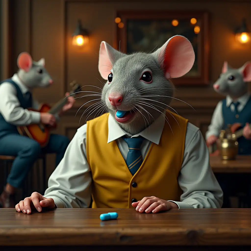 Humanoid-Rat-Figure-in-Factory-Worker-Outfit-Swallowing-Pill-at-English-Pub-with-Jazz-Band