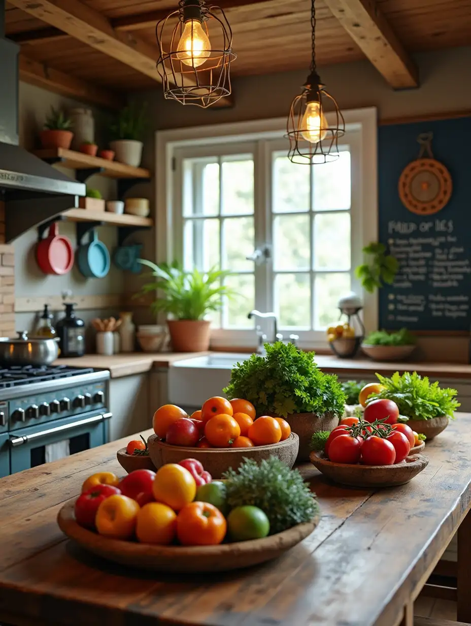 Cozy-Kitchen-with-Rustic-Wooden-Table-and-Colorful-Cookware-for-Healthy-Cooking