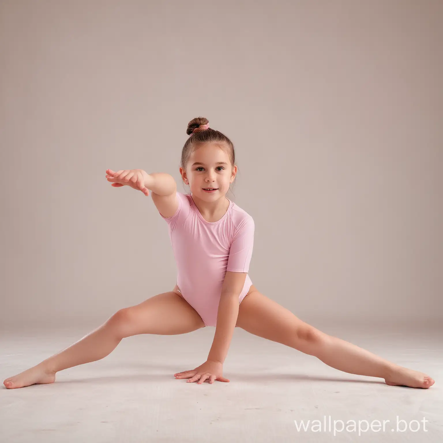 Little girl in light pink swimsuit doing the splits facing forward