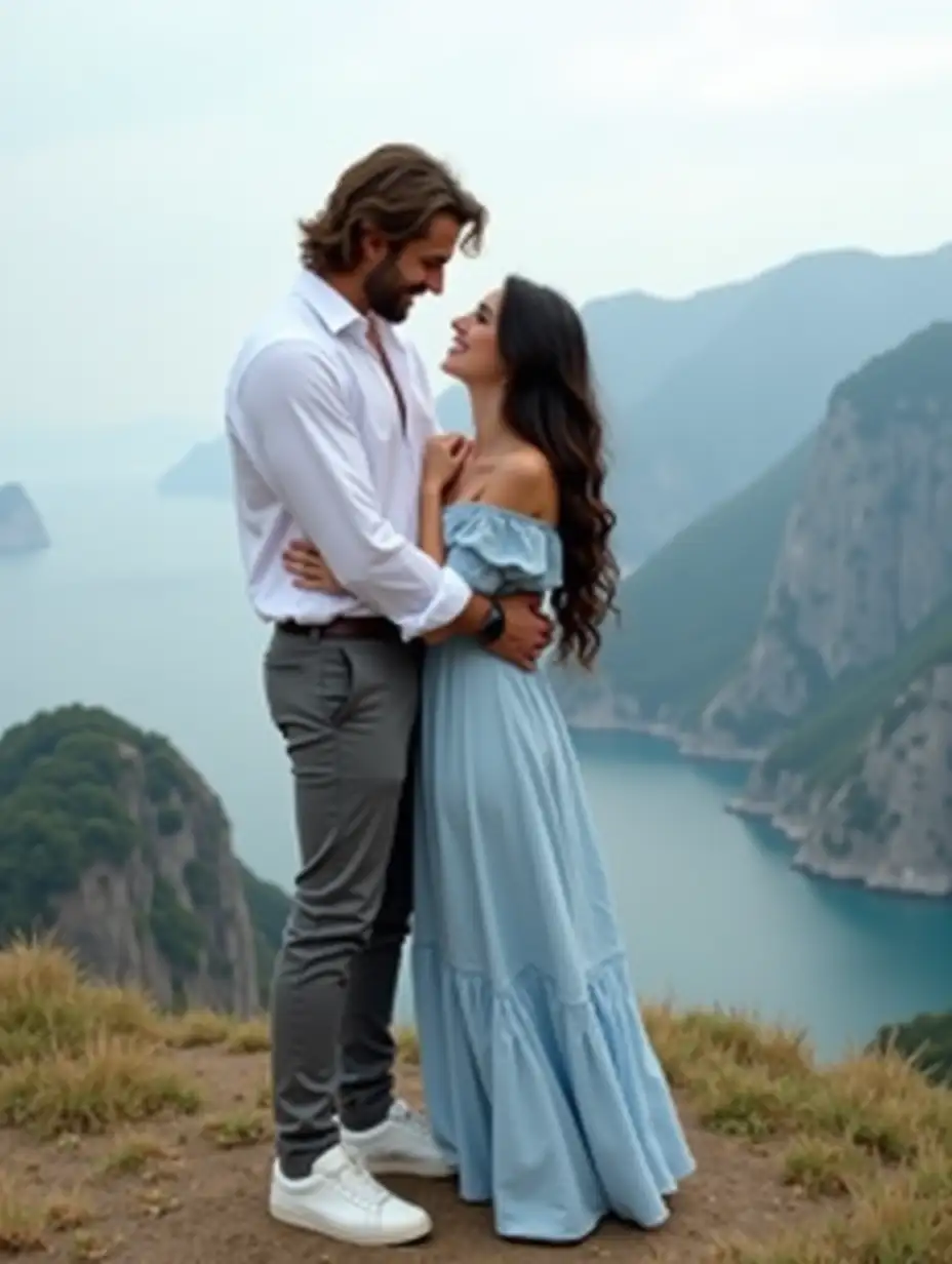 A couple of lovers, young man and woman are in full growth, in an embrace, at the top of the mountain.  The man is tall, muscular, with brown wavy hair, in a white shirt with lush sleeves, in gray trousers, and in white sneakers.  A man hugs a woman, a man taller than a woman.  A woman with very long dark hair, in a long light blue dress.  The woman smiles at the man.  Beautiful mountains are visible from behind the couple, the sea is visible in the distance.