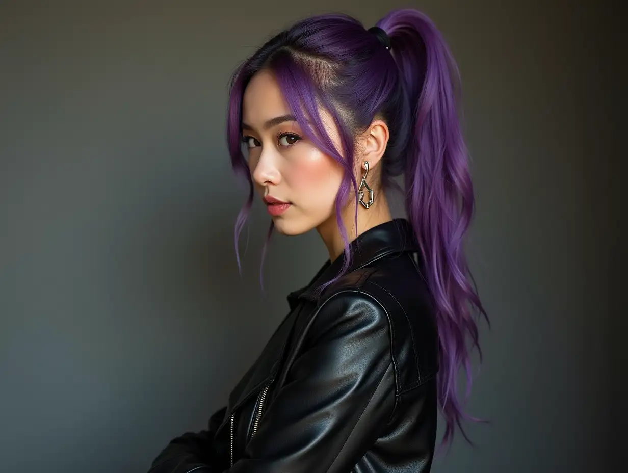 Real Photo, a beautiful Asian woman, 60 years, black leather clothing, purple hair with ponytail