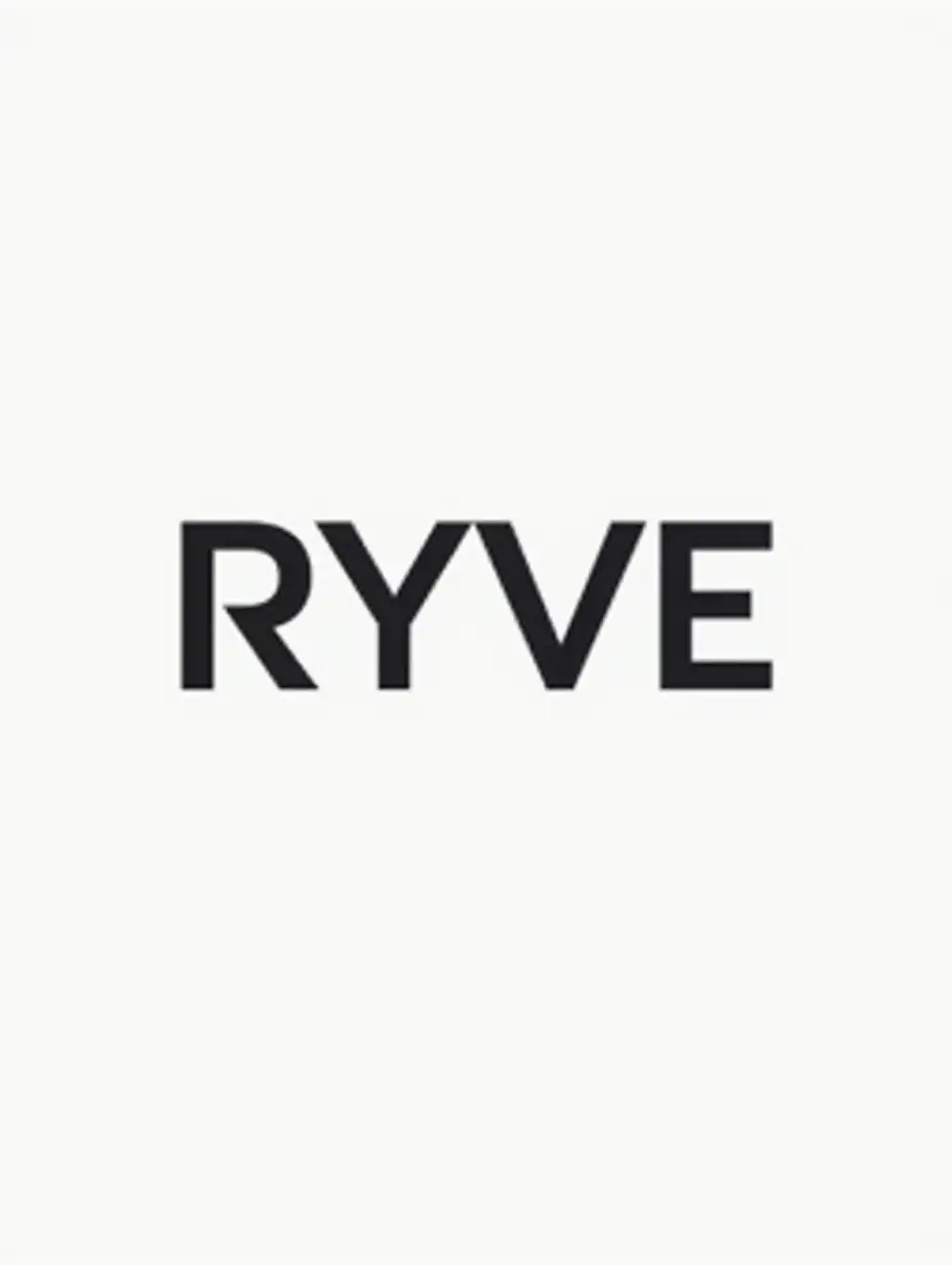 Create a minimalist RYVE brand logo in a strict modern style. The brand name is written in large capital geometric font without serifs, with clear lines and slightly rounded corners. The color scheme is monochrome: deep black and dark gray. The design should combine strictness and softness: sharp contrasts of the font are softened by smooth bends and rounded shapes. Overall impression - restrained elegance, innovation and technologiness