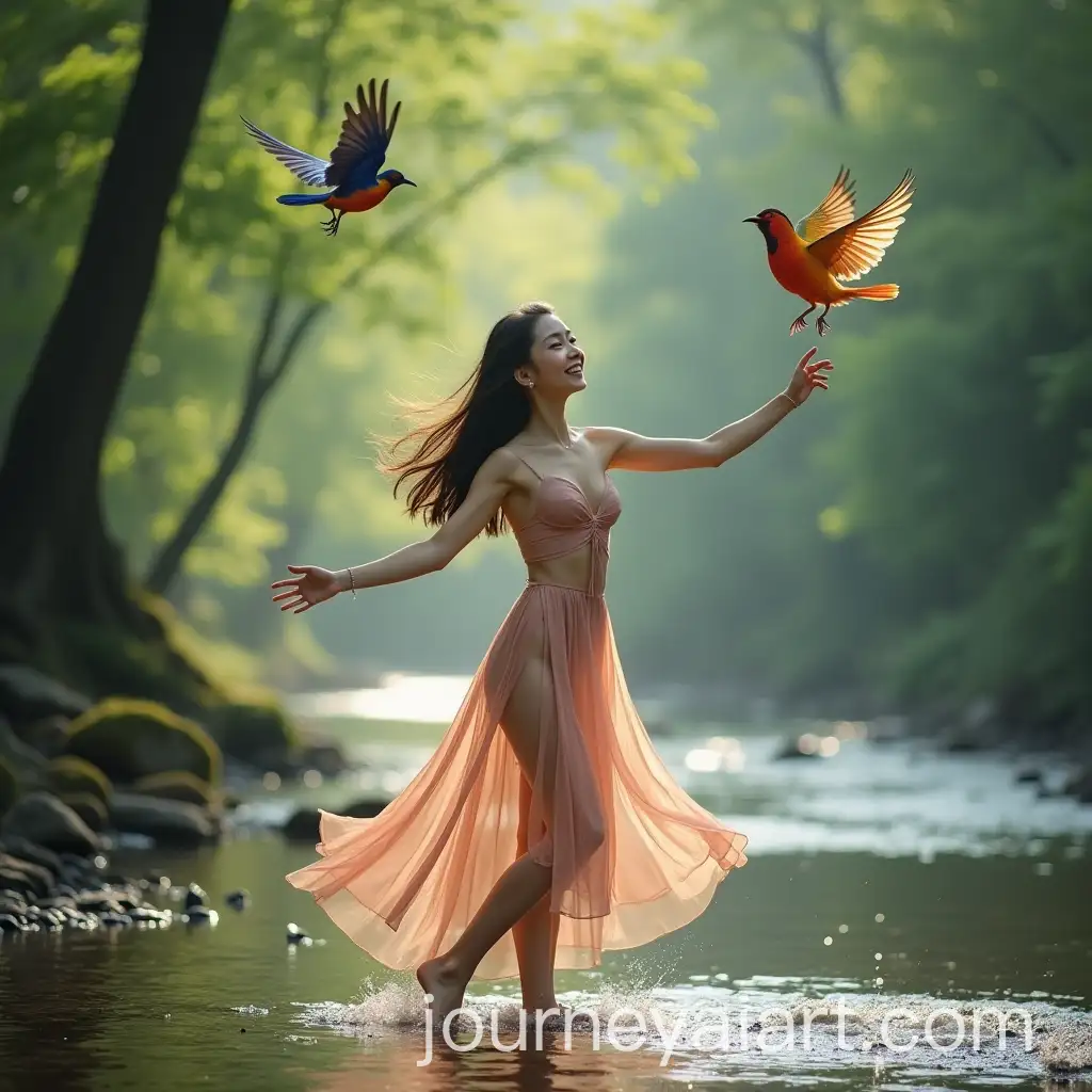 Smiling-Chinese-Woman-Dancing-by-the-Stream-with-Colorful-Birds