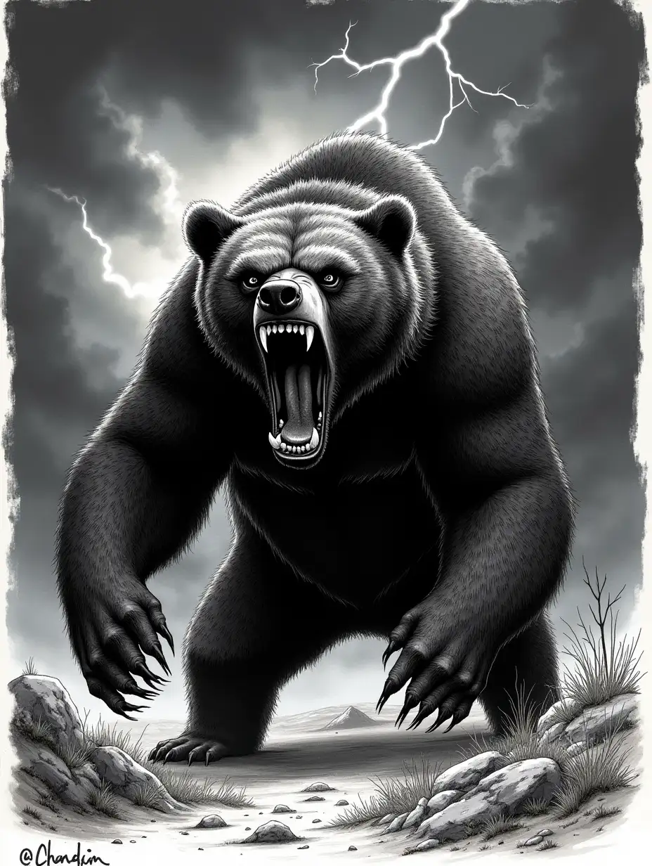 A hand-drawn illustration of an enraged bear, with thick, dark fur and a fierce expression. The bear is depicted in an action pose, as if ready to attack, with its claws extended and teeth bared. The background is a stormy landscape with dark clouds and lightning bolts illuminating the scene, adding to the dramatic tension. The illustration uses heavy line work and strong contrasts between light and shadow. Created Using: traditional ink drawing, dynamic poses, stormy background, strong line work, chiaroscuro lighting, intense expression, high contrast, hd quality