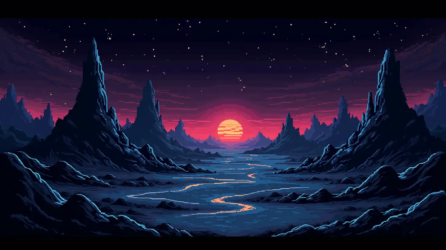 Dark Alien Landscape in 80s Atari Videogame Style