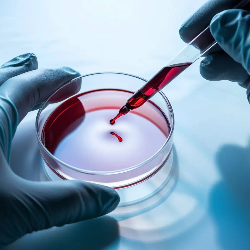 Wearing gloves hand holds a transparent petri dish with an open top, an image of blowing cells with a transparent pipette, purple liquid at the mouth of the pipette. Emphasize the liquid in the cell culture bottle. The background is light blue.