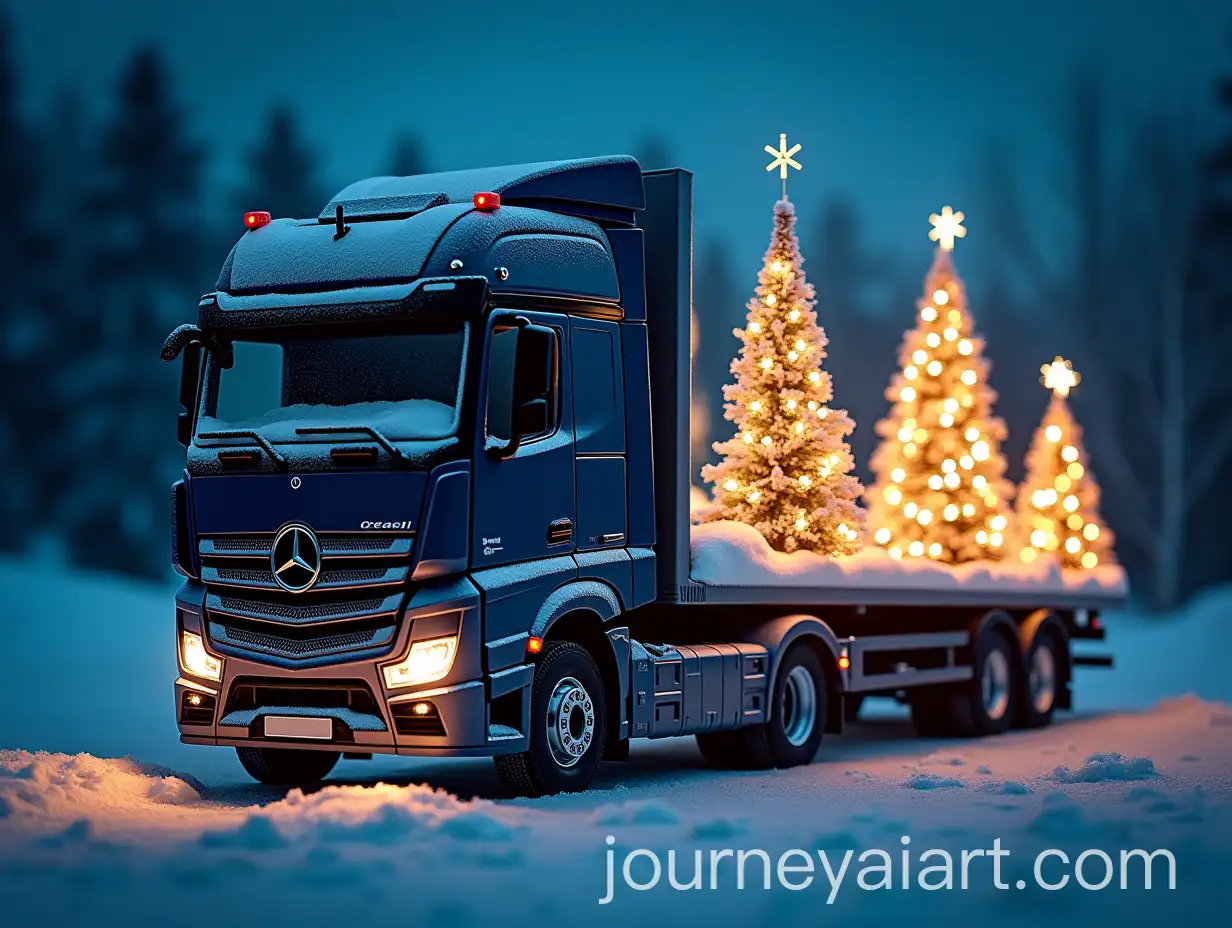 Dark-Blue-Mercedes-Truck-with-Christmas-Tree-Cargo-Map-of-Europe-and-Asia-and-Snowflakes