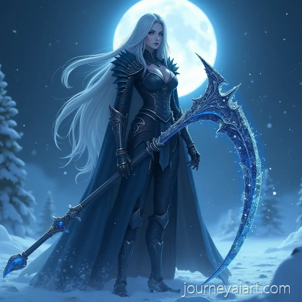 Blackflame-Sister-Friede-Standing-in-a-Snowy-Moonlit-Night-with-Frosted-Scythe