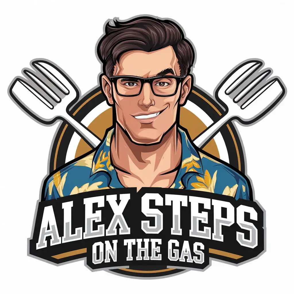 a vector logo design,with the text "ALEX STEPS ON THE GAS", main symbol:A buff guy with dark brown hair, black glasses, a smirk on his face, wearing a Hawaiian shirt,complex,be used in Restaurant industry,clear background