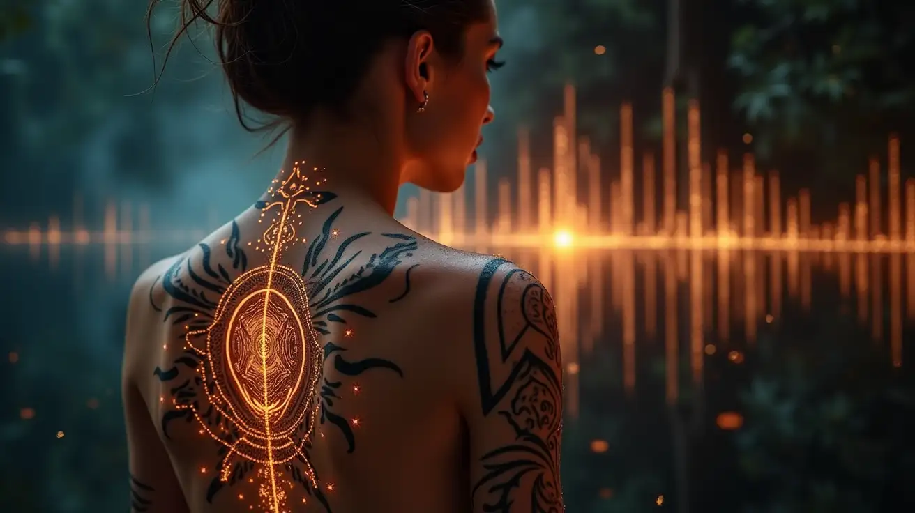 Woman-with-Tribal-Cymatic-Tattoo-Connected-to-Glowing-Sound-Frequency