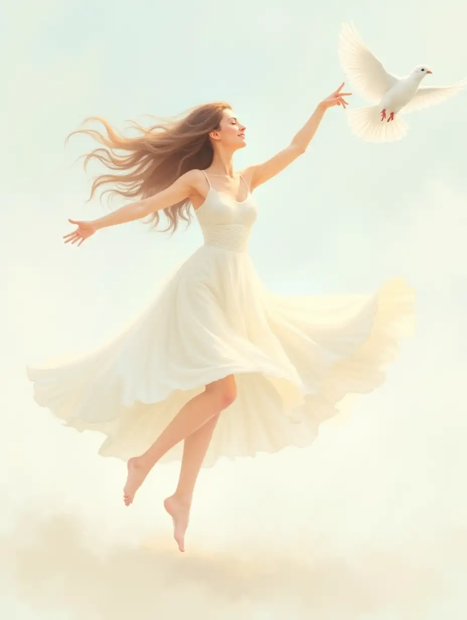 Create an illustration in a soft pastel style featuring a woman in a flowing white dress, captured mid-motion as she gracefully dances. Her arms are outstretched, and her hair flows freely, as if caught in a gentle breeze. The background is ethereal with a dove flying nearby, adding to the sense of peace and freedom. The colors should be soft and muted, with delicate blending typical of pastel art. The overall atmosphere is serene and dreamlike, with a focus on fluid motion and lightness