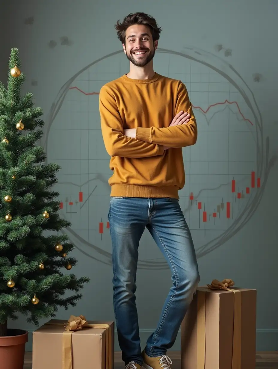 Very happy young Caucasian man in full height, leaning on a large credit card, with a coniferous tree on one side and an internet store on the other, diagrams, stock market graphics in the background