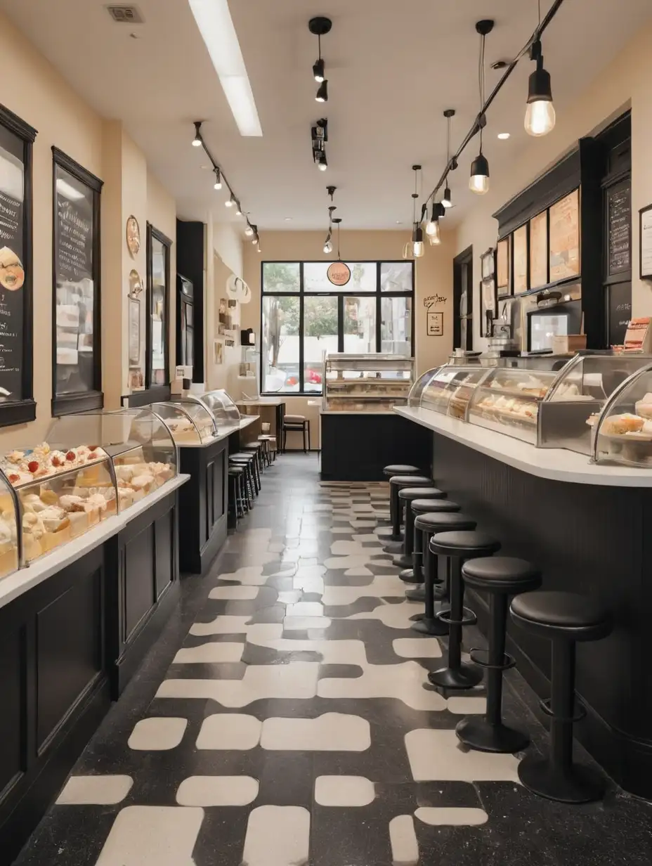 Modern Ice Cream Shop Interior with Light Cream and Black Accents