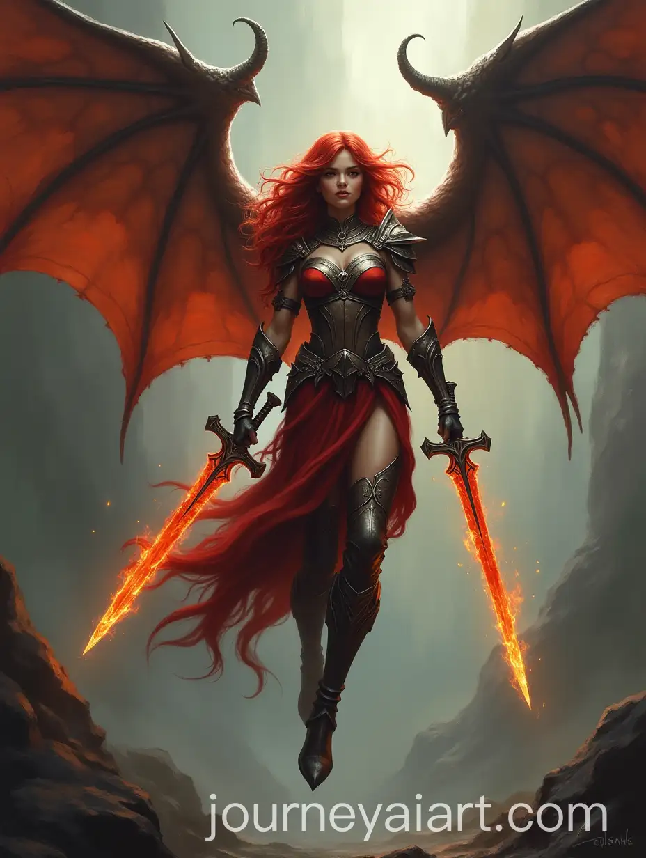 Fantasy-Warrior-with-Red-Hair-Flaming-Swords-and-Wings-in-Dark-Sky