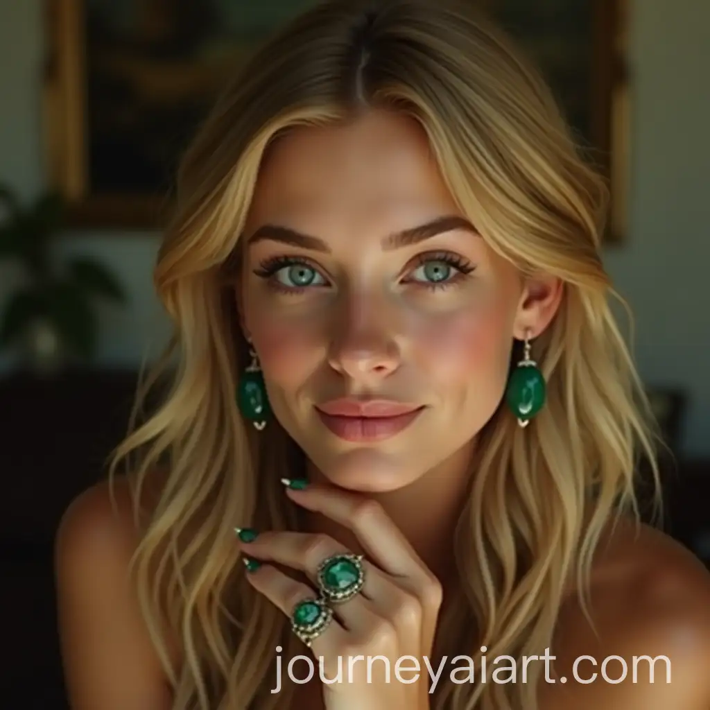 Blonde-Woman-with-Green-Onyx-Earrings-and-Emerald-Rings