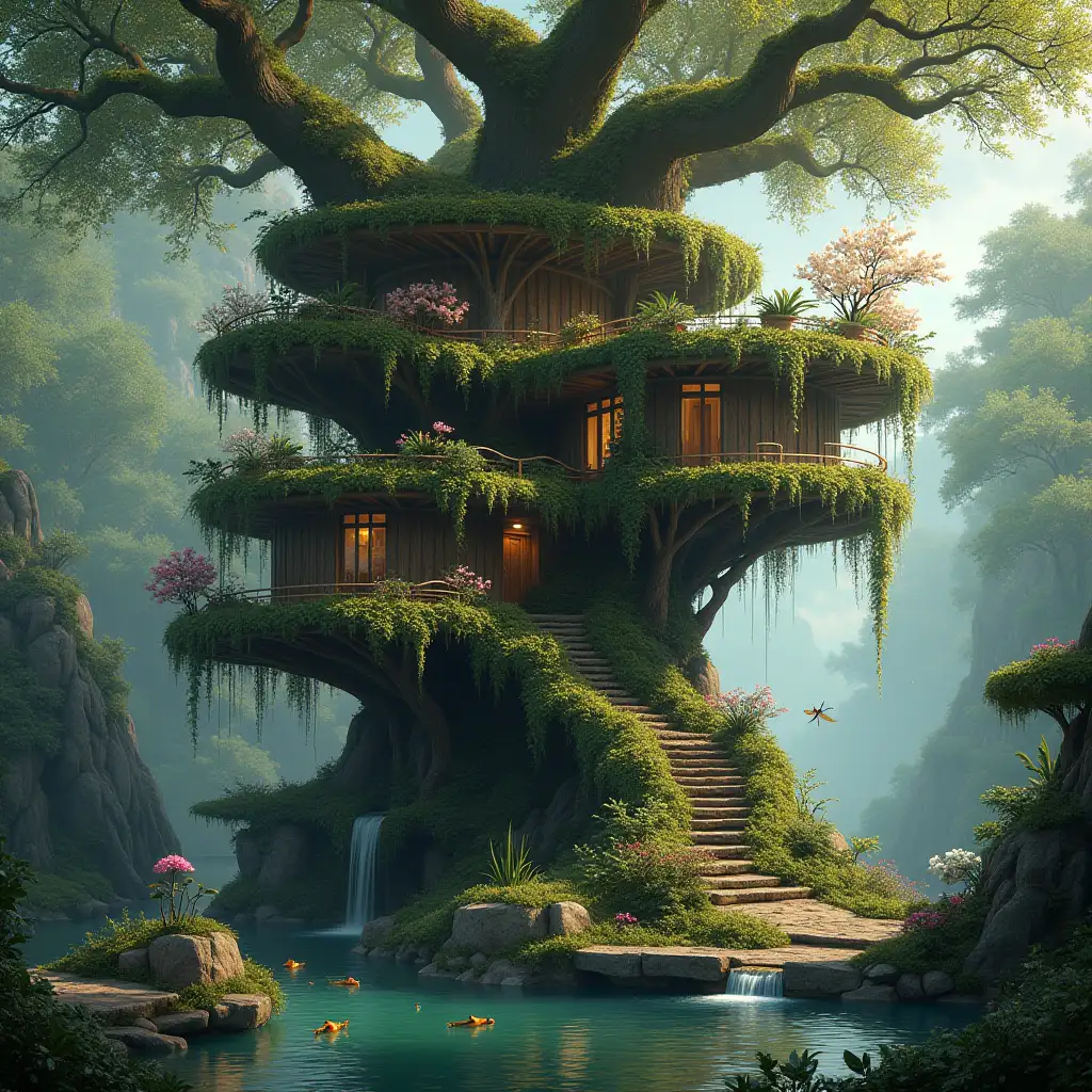 Create an image of a large, moss-covered treehouse with round stairs, many terraces with orchids hanging plants, pond with koi in the water waterfall and dragonflies, fireflies more detailed view of parts and lighting.