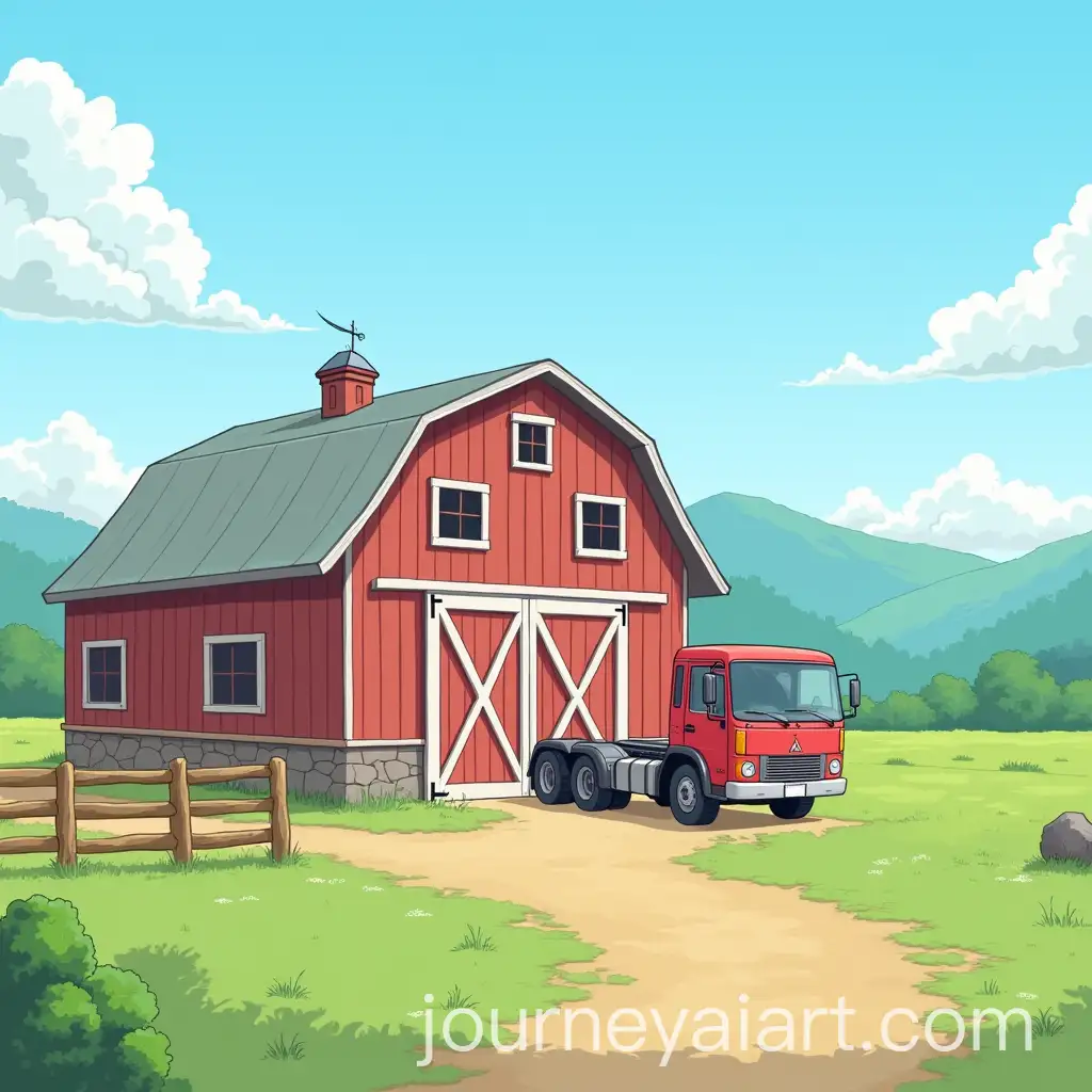 Anime-Barn-in-Countryside-Landscape-with-Parked-Truck