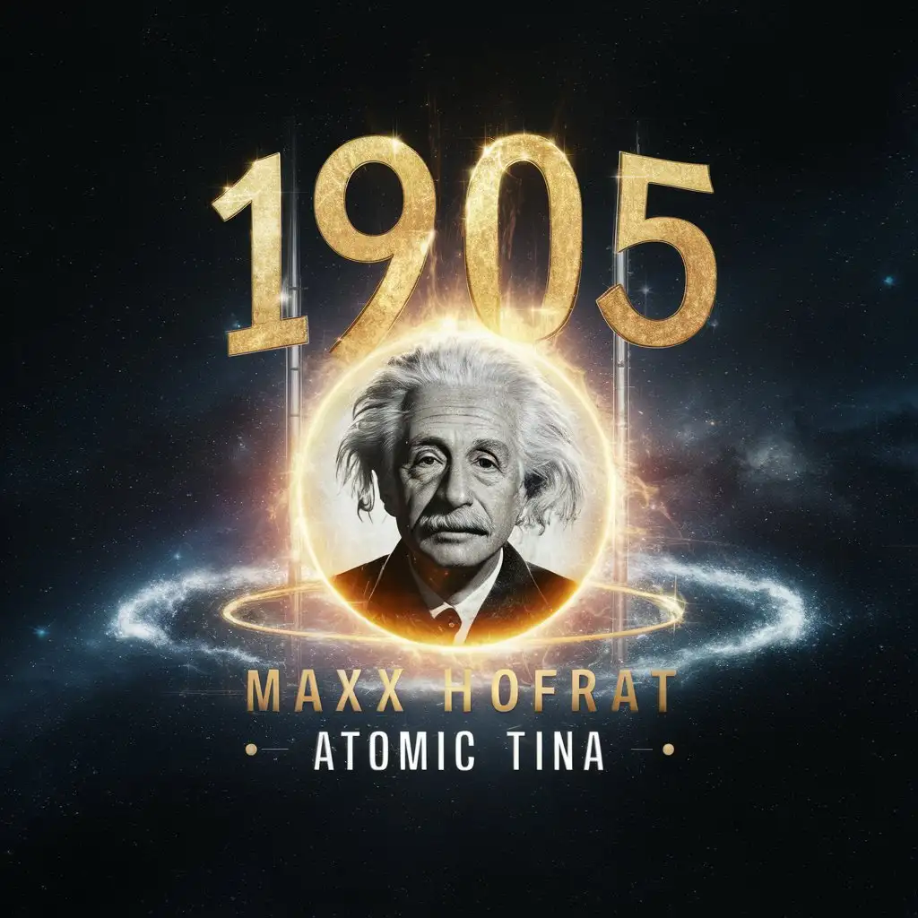 LOGO Design For 1905 Maxx Hofrat Atomic Tina Cosmic Theme with Albert Einstein Portrait and Golden Letters in Space