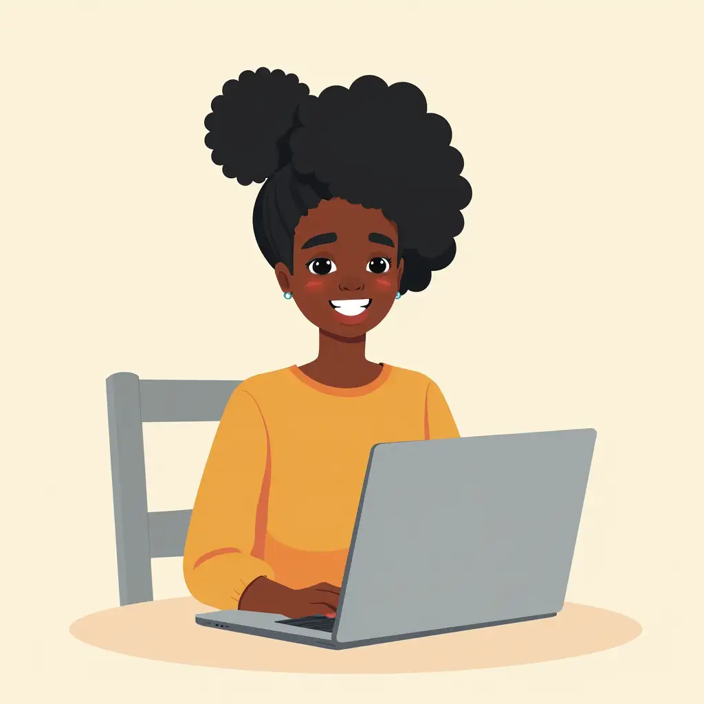minimalist and modern illustration of a young Nigerian girl, smiling in front of a laptop