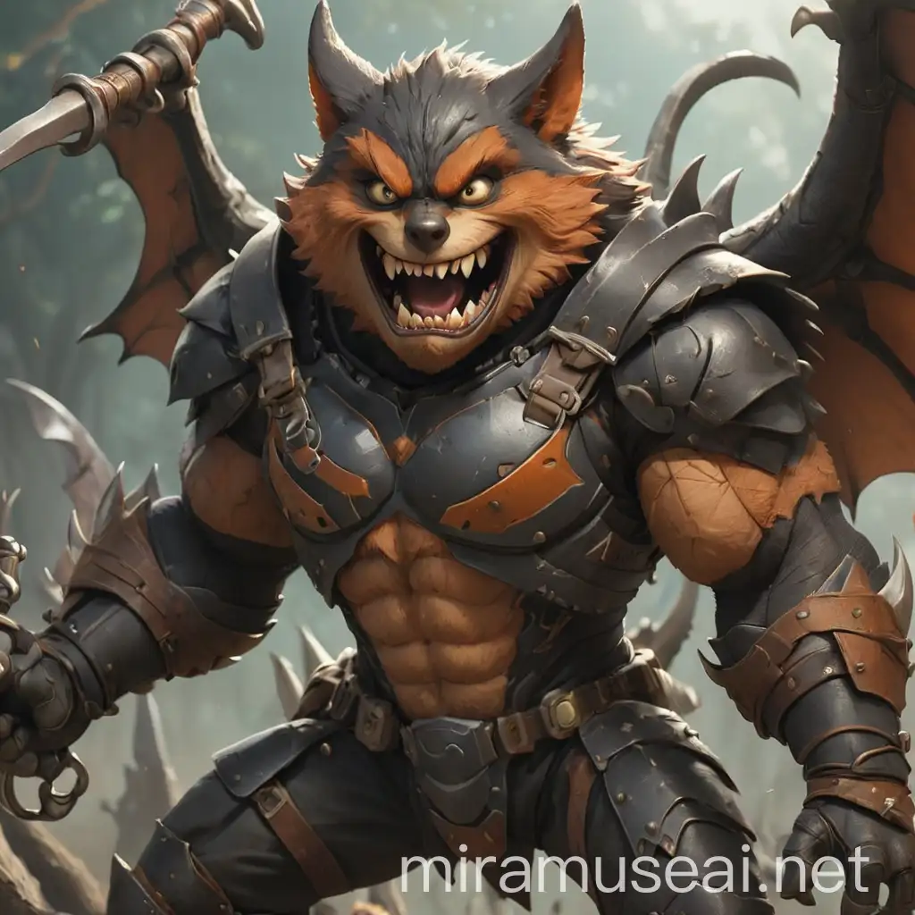 Armored Flying Fox Man with Hot Trident Fantasy Warrior Concept Art