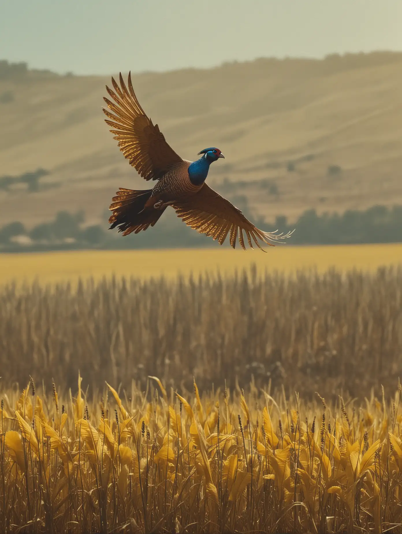 Fantasy Movie Scene Blue Pheasant Flying over Yellow Field