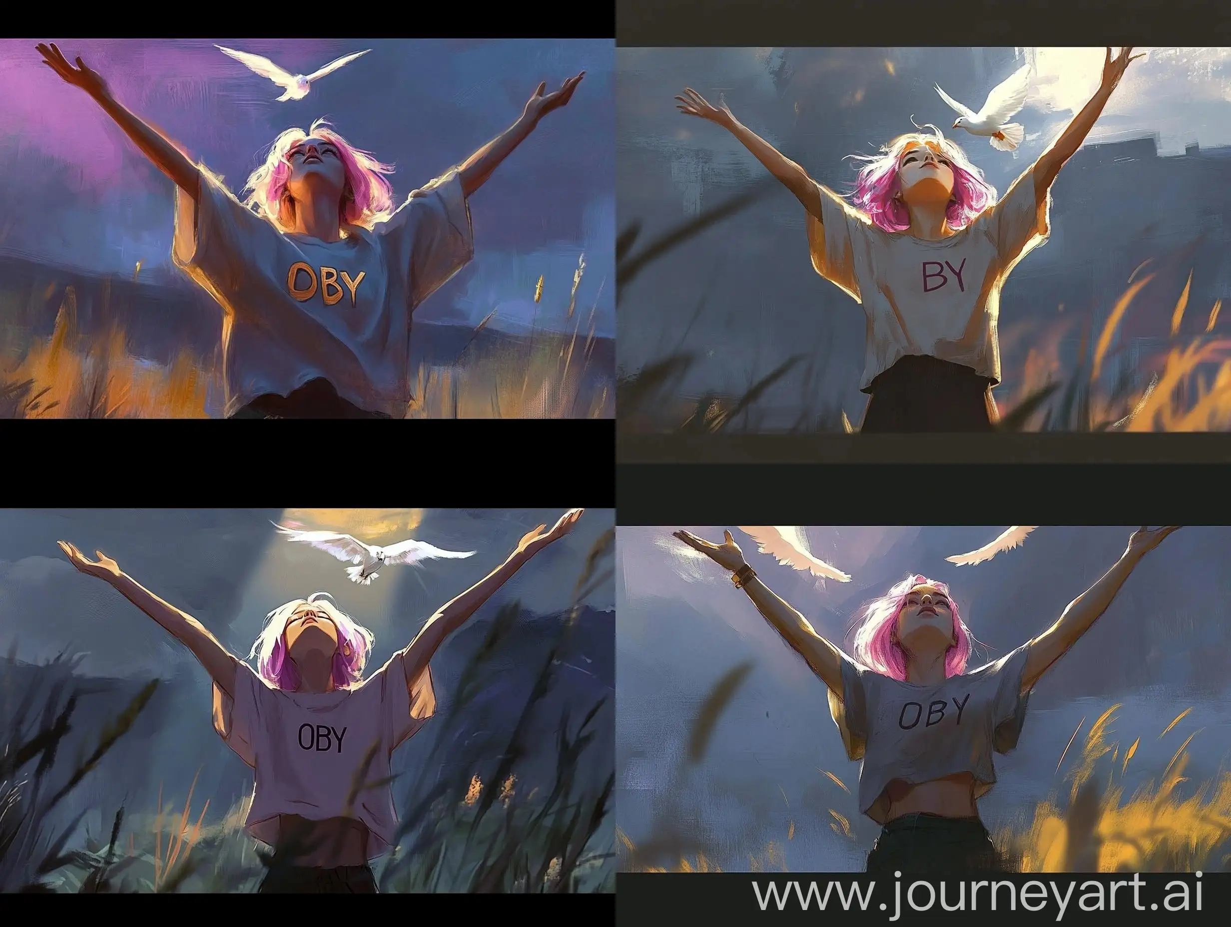 Girl-with-Pink-Hair-in-Oversized-TShirt-Under-Cool-Light-with-OBY-Text