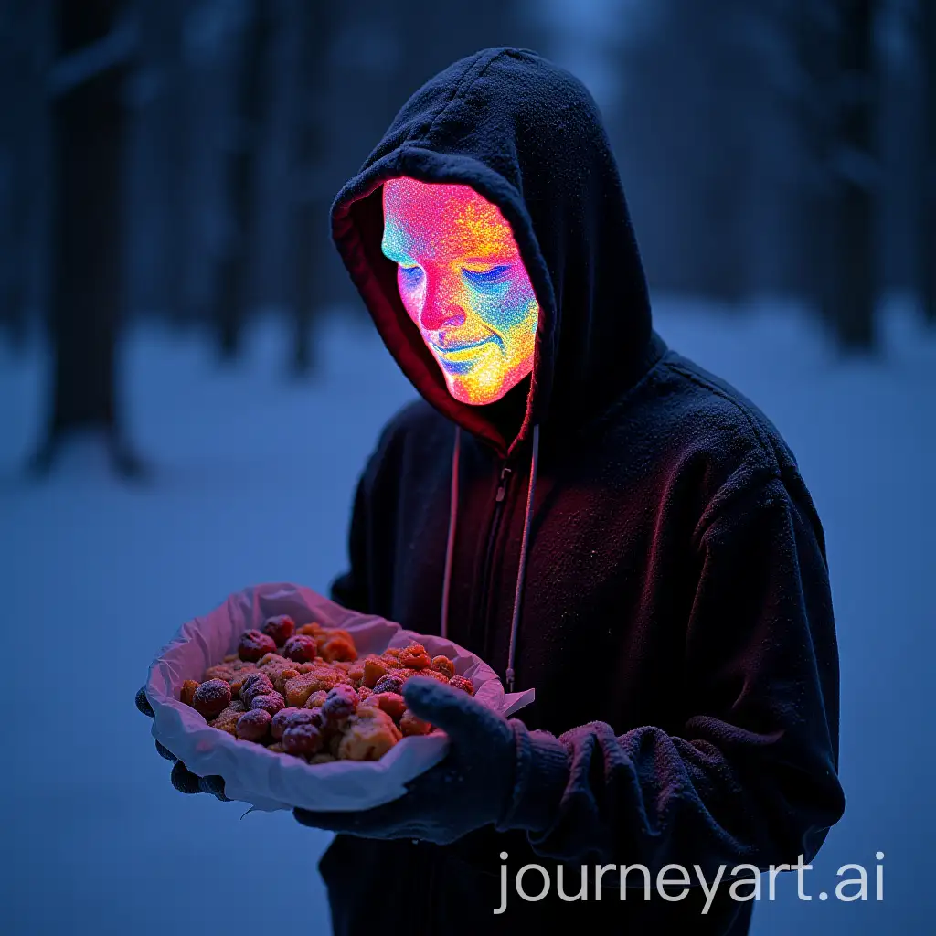 Man-in-Hoodie-with-Colorful-Face-Holding-Food-in-Snowy-Scene