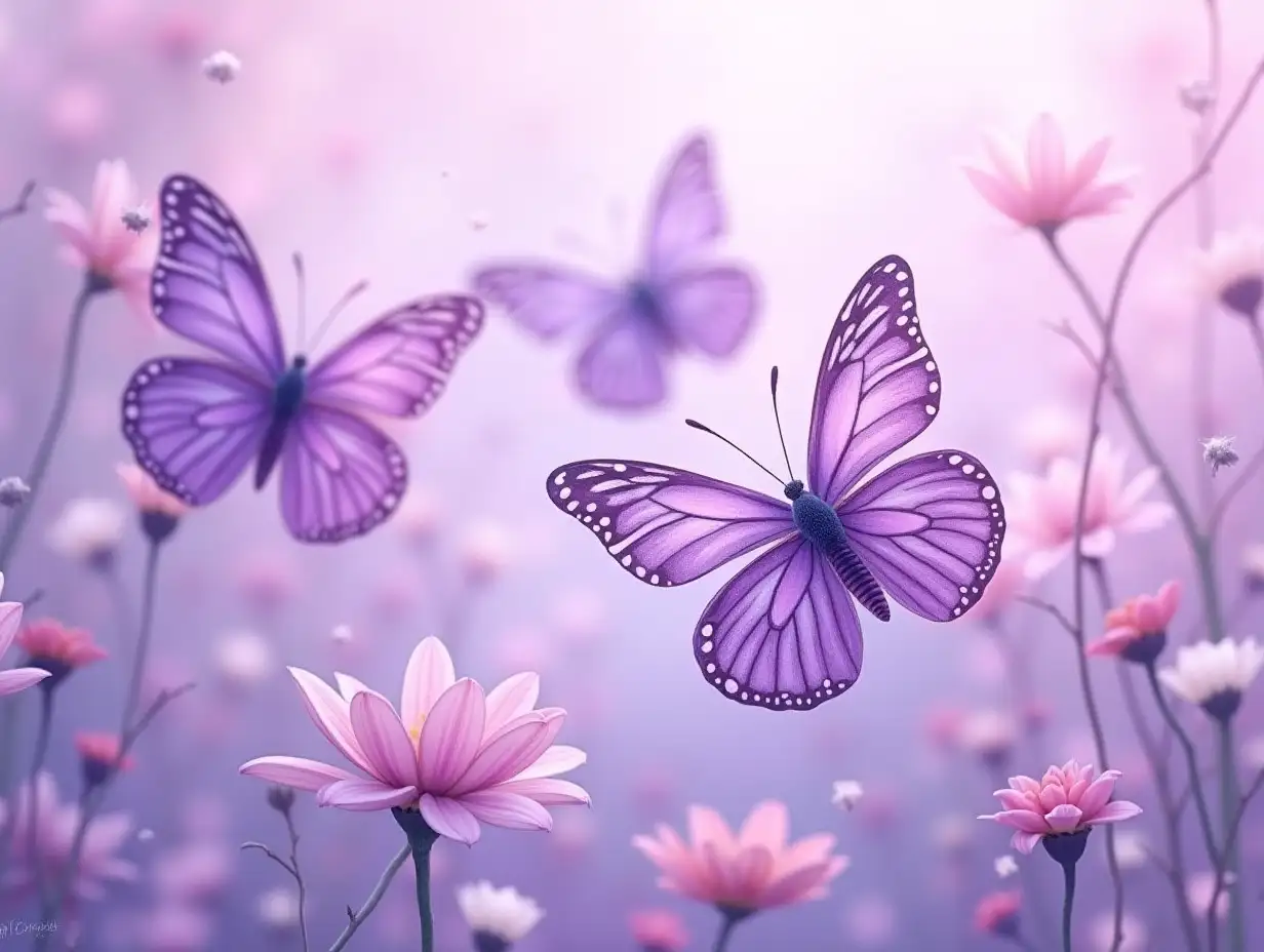 Create an image featuring a serene and enchanting scene with multiple butterflies. The butterflies should be predominantly purple with gradient shades, ranging from deep violet to light lavender. Ensure the butterflies have intricate wing patterns with white spots along the edges. Surround the butterflies with a variety of delicate flowers in shades of pink, white, and lavender. The background should be a soft, dreamy blend of purples and pinks, creating a magical and ethereal atmosphere. The overall style should be highly detailed and realistic, capturing the beauty and elegance of the butterflies and flowers.