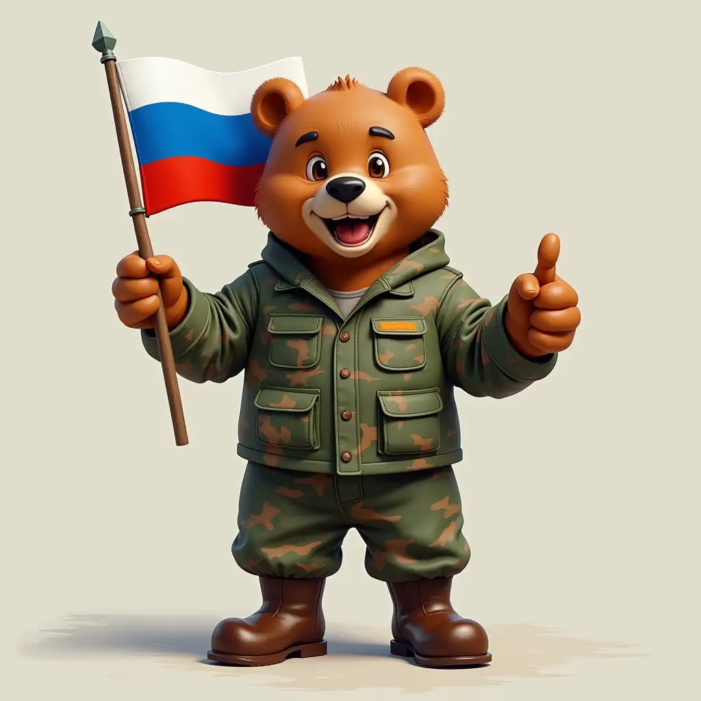 a cartoon bear is smiling, wearing a camouflage suit, in boots, holding the Russian flag in one hand and raising a thumb in the other, 3d, oil painting